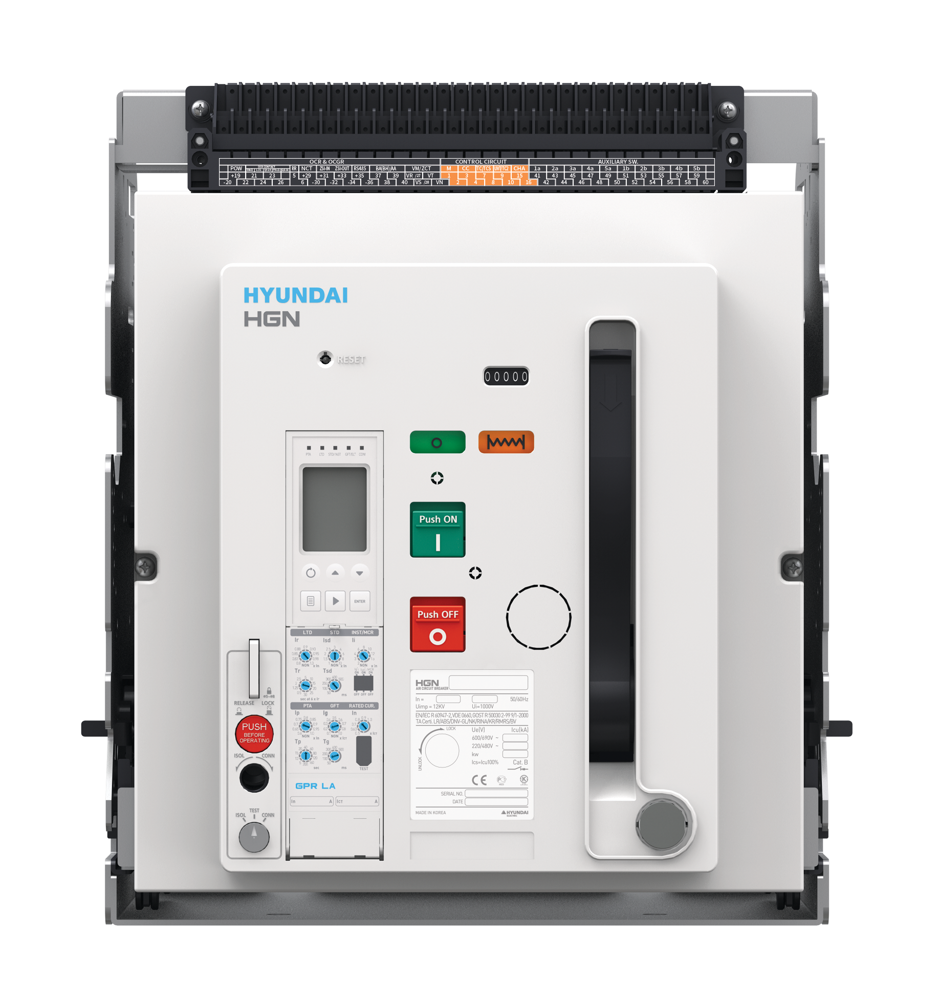 Воздушный выключатель серии HGS, арт. HGS20B3BM0C0S054MBAER (2000А, 3P, 85кА, выкатной c горизонтальным расположением шин, реле GPR-LP)