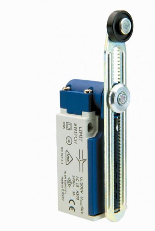 Концевой выключатель, привод реверсивный пластиковый ролик 18 мм с угловым действием, регулируемый (1НЗ+1НО, мгновенное сраб.), серия L5, пластиковый корпус (240В AC, 3А), IP65