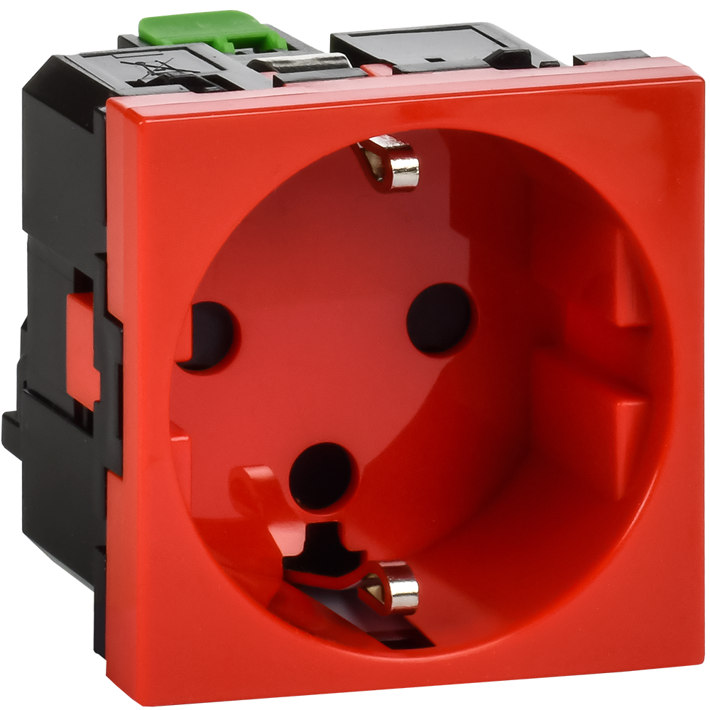 Розетка с заземлением  -  безвинтовые зажимы - со шторками и блокировкой 16А 250В - 90°- 2 модуля - красный