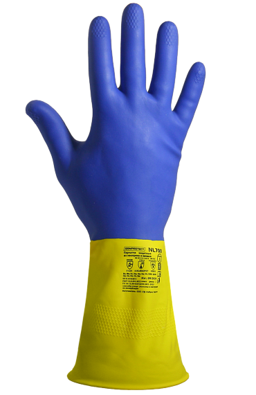 Перчатки химостойкие латекс/неопрен с внутренним хлопковым напылением, толщина 0,70 мм,  синие- желтые ArmProtect NL700,  р.XL (10)