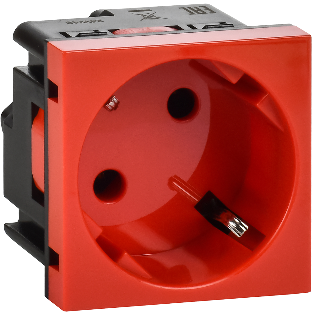 Розетка с заземлением  -  винтовые зажимы - со шторками 16А 250В - 45°- 2 модуля - красный