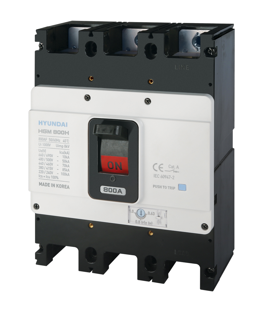 Выключатель автоматический в литом корпусе типа HGM, типоразмера 800AF, арт.HGM800S3PT4BS0000C00800F (800А, 50кА, 3 полюса, регулируемый термомагнитный расцепитель, прямой шинный вывод)