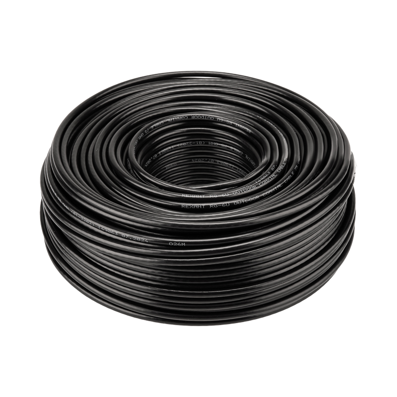 Кабель коаксиальный RG-6U, 75 Ом, CCS/Al/Al, 64%, бухта 100 м, черный OUTDOOR, REXANT