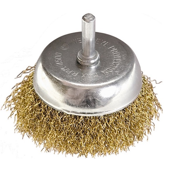 Щетка для дрели, 65 мм, чашка со шпилькой, латунированная витая проволока