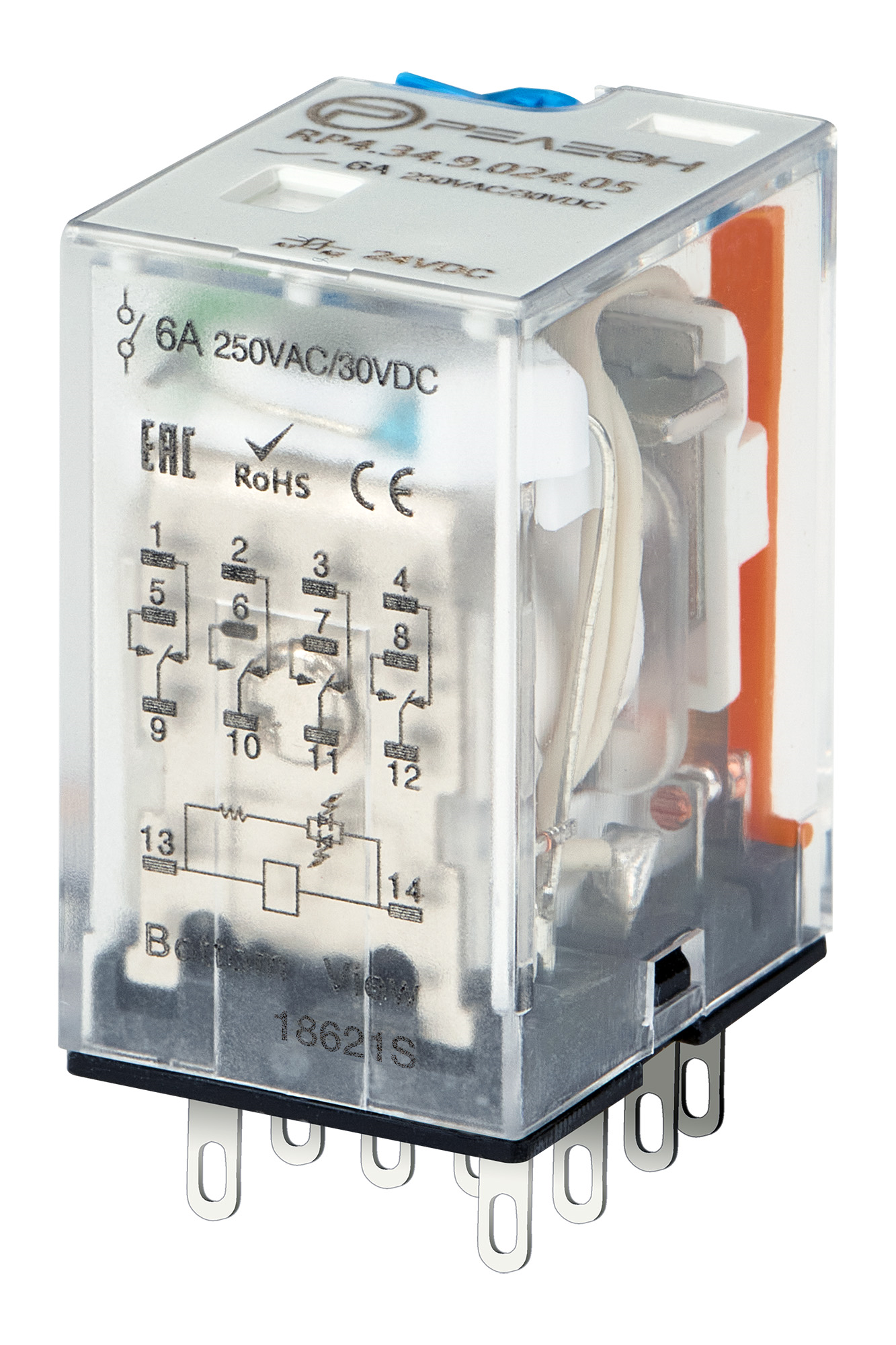 Промежуточное реле, 4 перекидных контакта 6А, 24В (DC), блокируемая кнопка проверки, светодиод