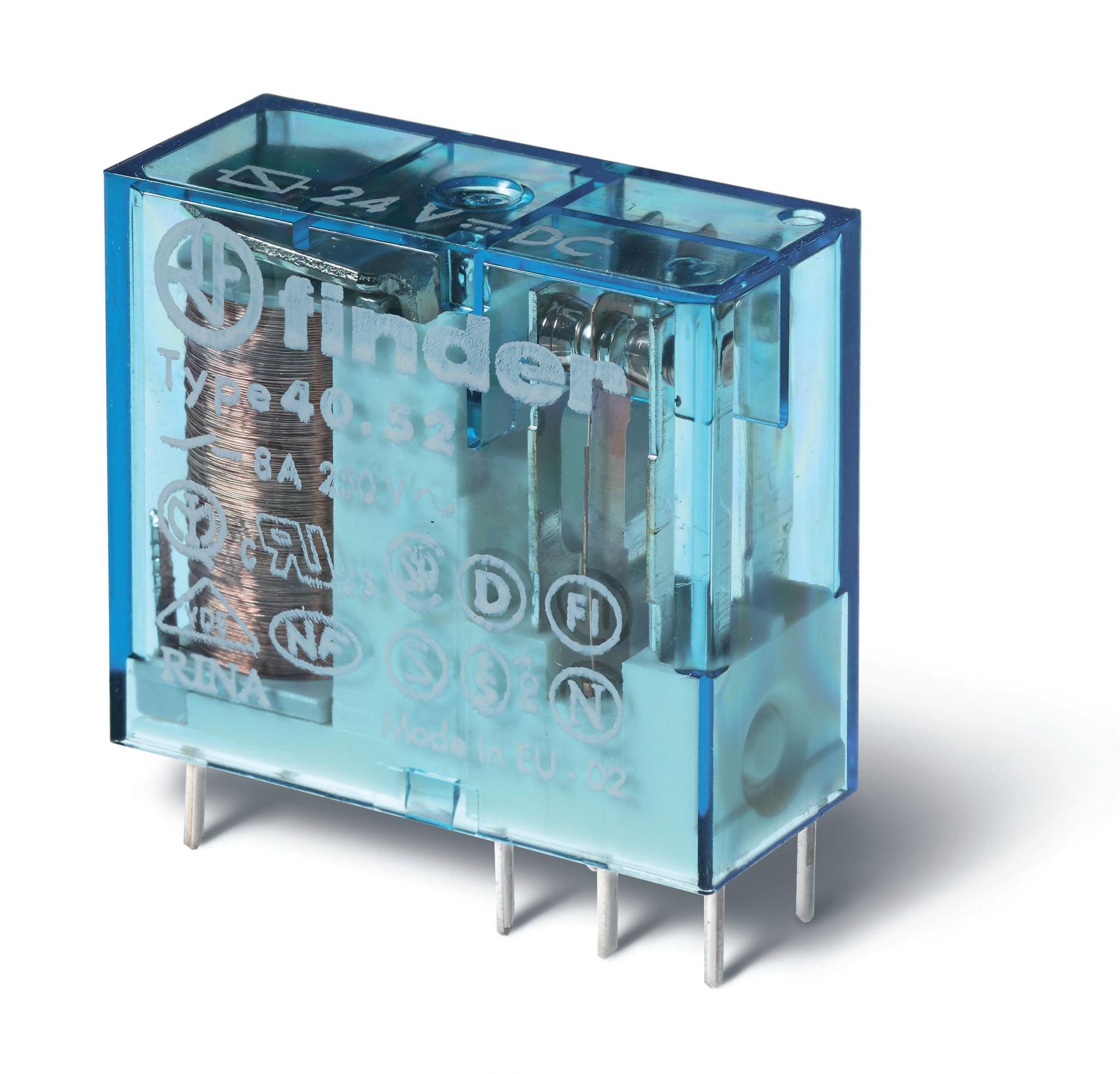 Реле электромеханическое универсальное миниатюрное, монтаж на печатную плату или в розетку, выводы с шагом 5мм, 2CO 8A, контакты AgNi, катушка 24В DC, степень защиты RTII