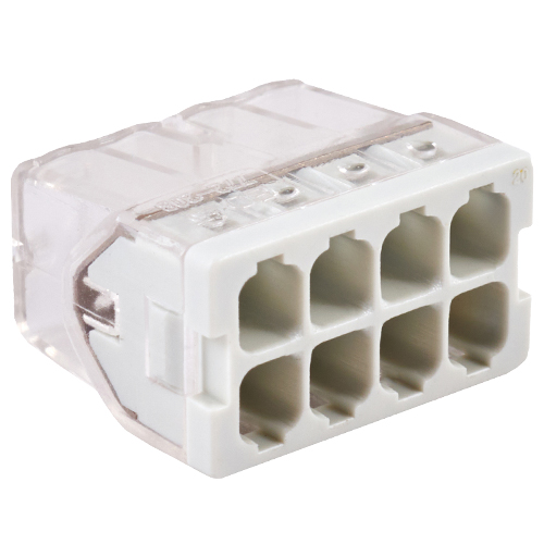 Клемма соединительная  8-контактная ED 772-208 с контактной пастой Elеctrodeel. Диапазон сечений 0,5-2,5 мм2. Номинальный ток/напряжение: 24А/450В.