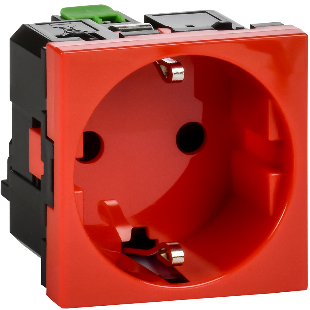 Розетка с заземлением  -  безвинтовые зажимы - без шторок 16А 250В - 90°- 2 модуля - красный