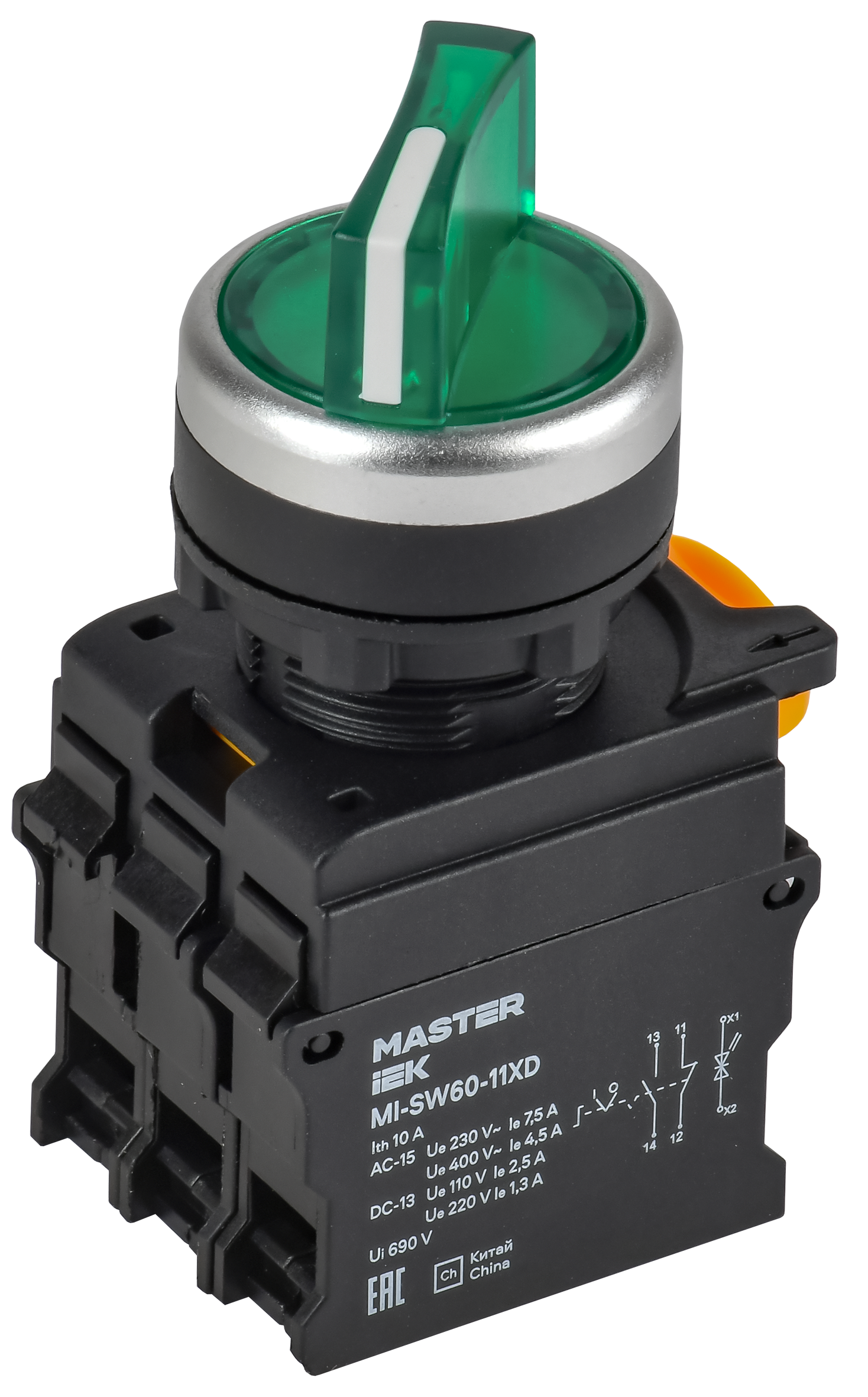 Переключатель с подсв. 2 полож. 1NO+1NC зелёный MASTER IEK