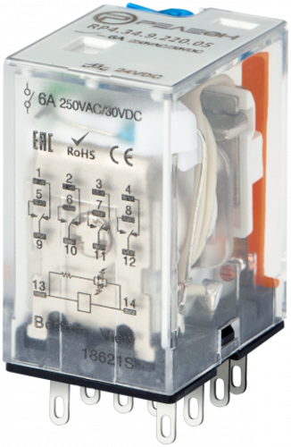 Промежуточное реле, 4 перекидных контакта 6А, 220В (DC), блокируемая кнопка проверки, светодиод