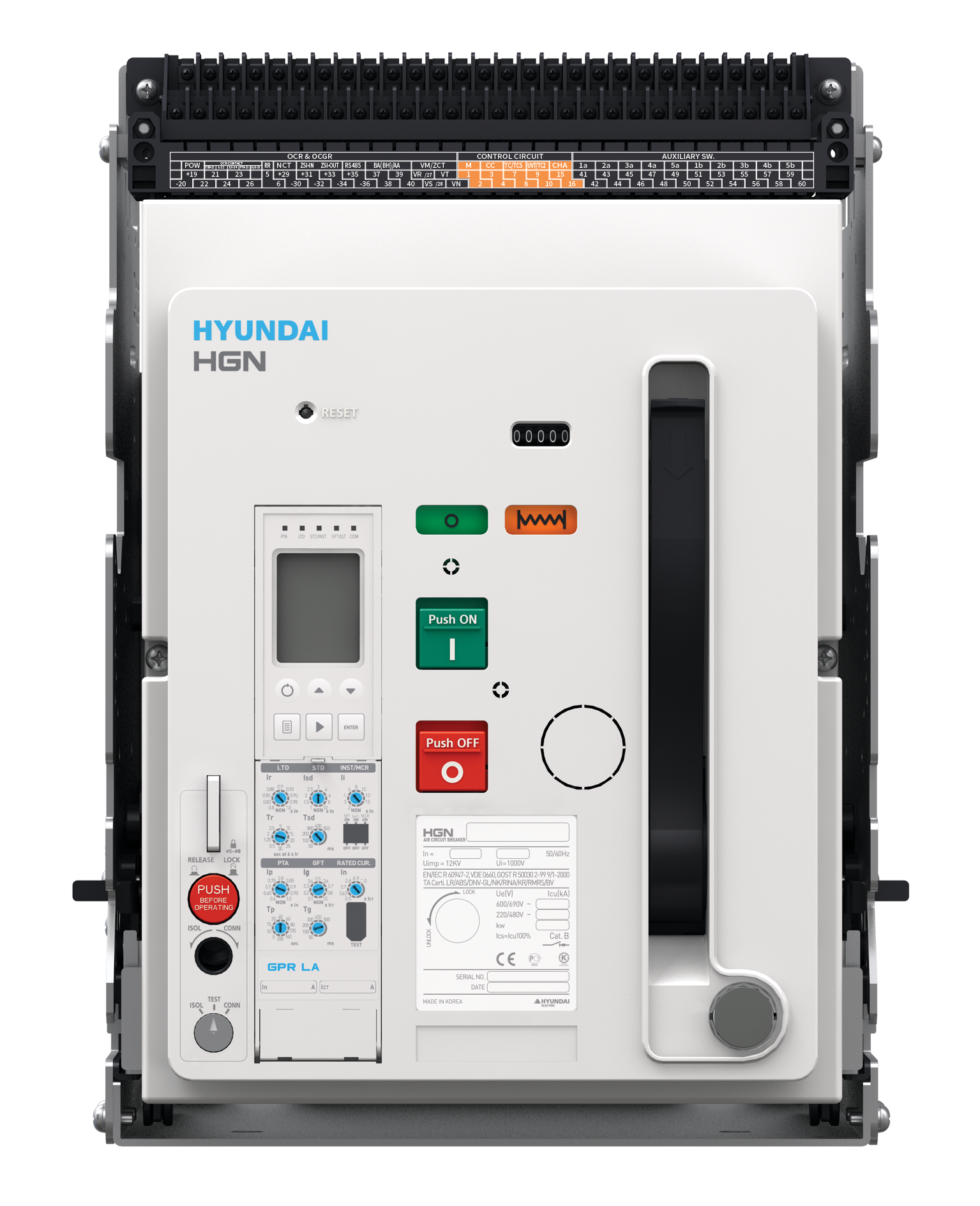 Воздушный выключатель серии HGN, арт. HGN10A3BM0C0S054JBAEL (1000А, 3P, 85кА, выкатной c горизонтальным расположением шин, реле GPR-LP)