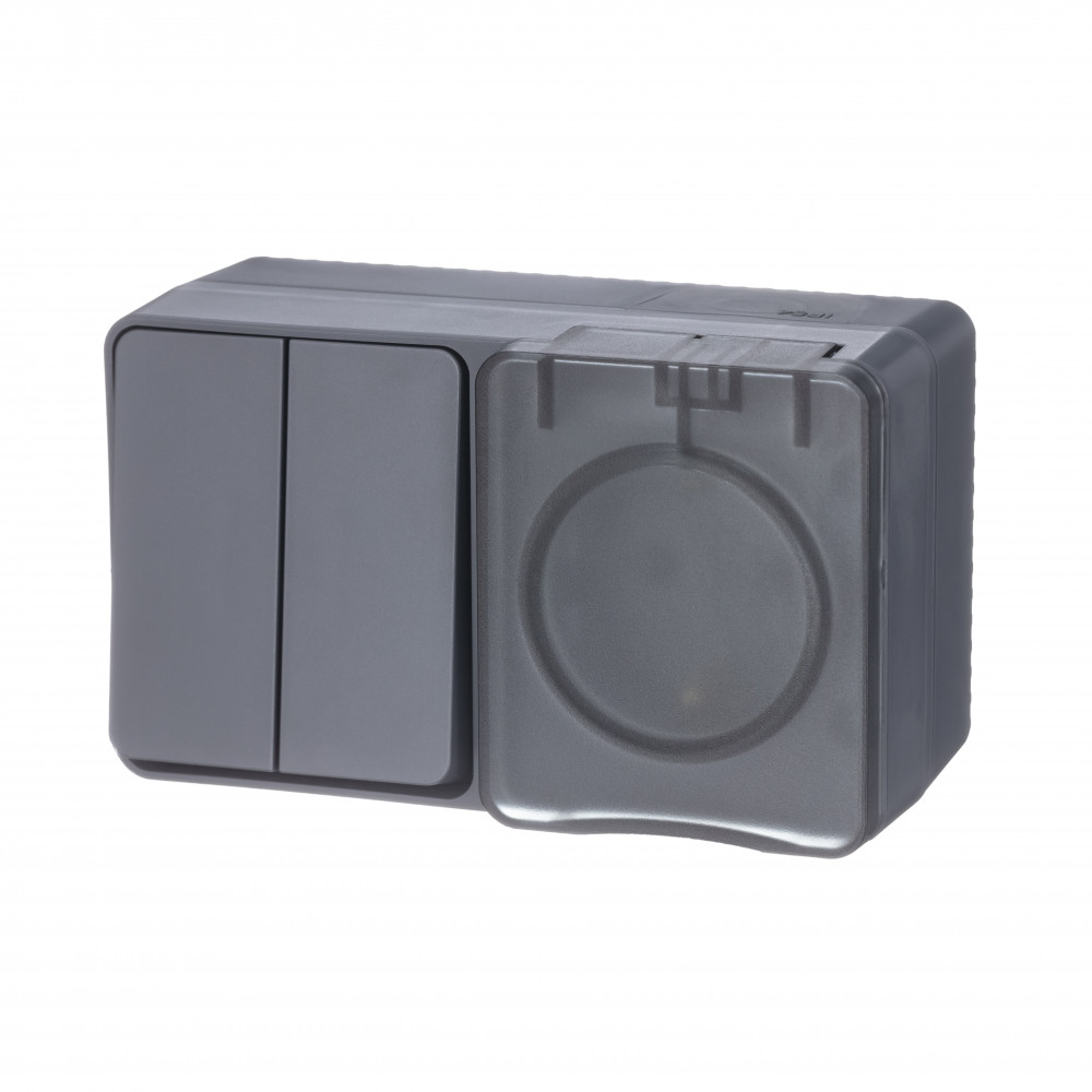 AtlasDesign Profi54 БЛОК: розетка с  заземлением со шторками 16А 250B, выключатель двухклавишный IP54 10А, АНТРАЦИТ, Россия