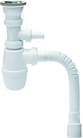 Сифон МИНОР для мойки с выпуском 1'1/2 х 40 мм с отводом для стиральной или посудомоечной машины и гофротрубой L800 мм 40 х 40/50