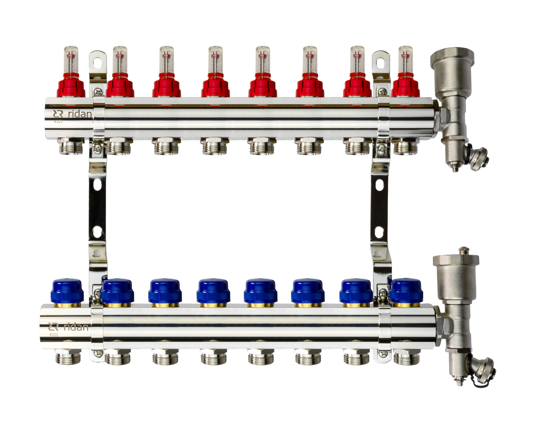Коллекторная группа FHF-8RF set 8 контуров 1' х 3/4' с расходомерами, воздухоотводчиками и кронштейнами