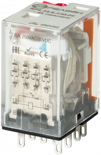 Промежуточное реле, 4 перекидных контакта 6А (230В AC) блокируемая кнопка проверки, светодиод