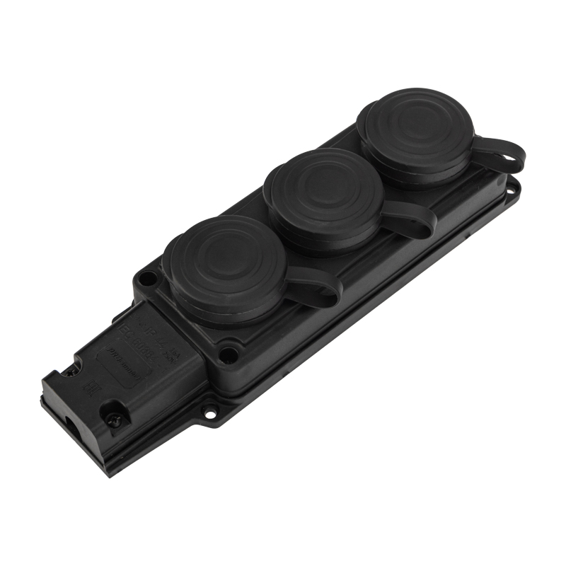 Розетка (колодка) штепсельная трехместная влагозащищенная 2P+PE 230V, 16 А, IP44 каучук, REXANT