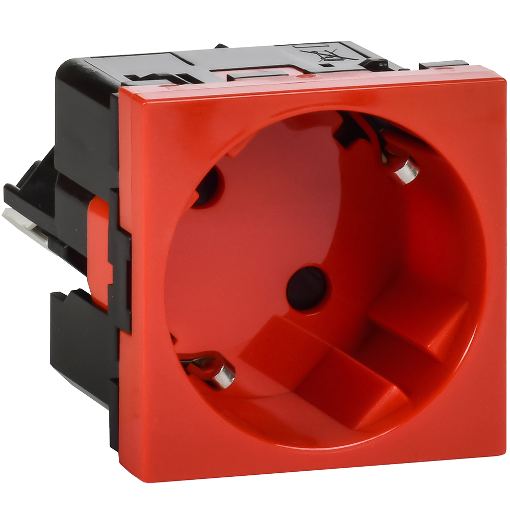 Розетка с заземлением  -  безвинтовые зажимы - со шторками 16А 250В - 45°- 2 модуля - красный