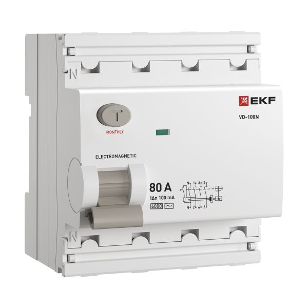Выключатель дифференциального тока ВД-100N 4P 80А 100мА тип AC эл-мех 6кА PROXIMA