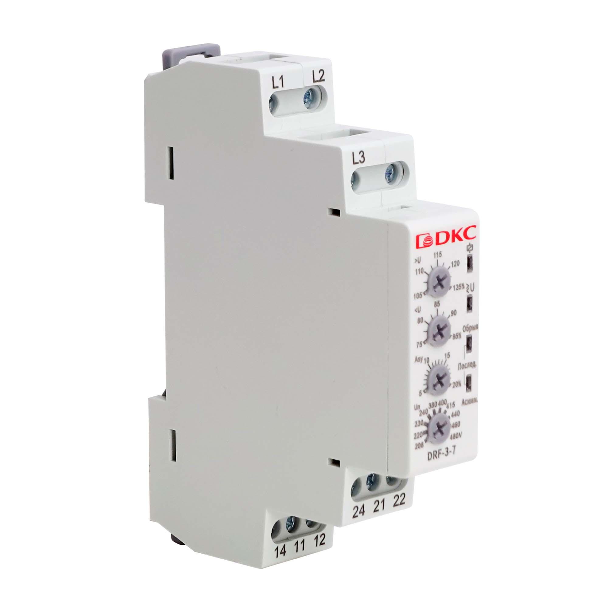 Реле контроля фаз, 3 фазы + N, тип DRF, контроль напряжения , контроль обрыва фаз, котроль чередования фаз, контроль асимметрии, конфигурация контакта 2CO, 120-277В