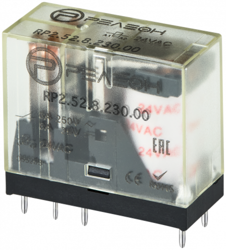 Миниатюрное промежуточное реле, 2 перекидных контакта 5А, 230В AC